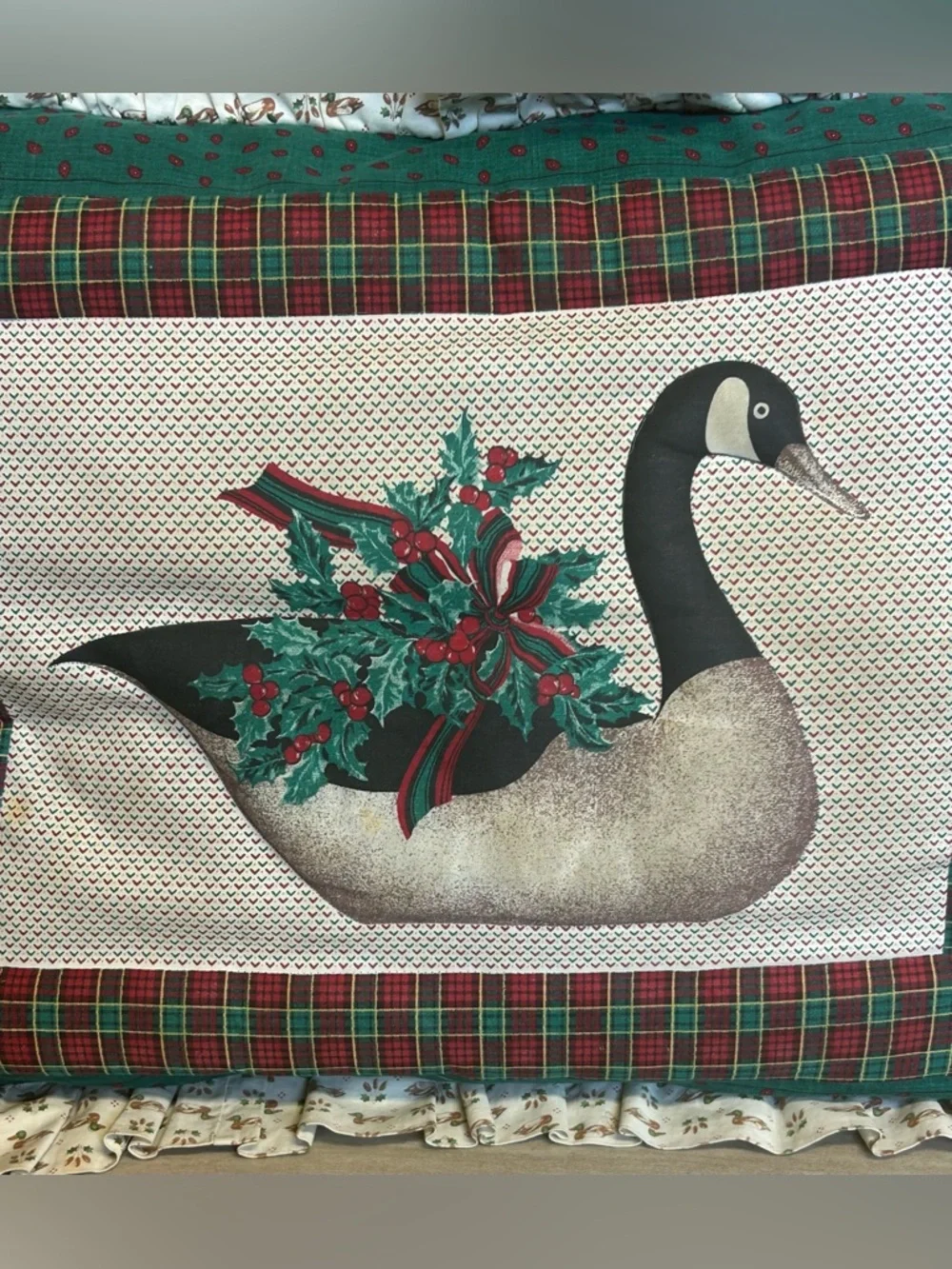 Vintage 1980's  Goose Christmas Handmade Pillow with Ducks on Edging Approx 22